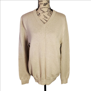 Izod Long Sleeve Tan V-Neck Logo Sweater Beige Large